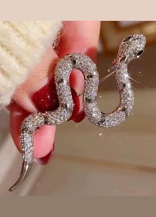 Брошь "змея" женская, брошь булавка, белый метал