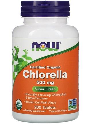 Хлорелла, chlorella, now foods, сертифицированная, органическая, 500 мг, 200 таблеток