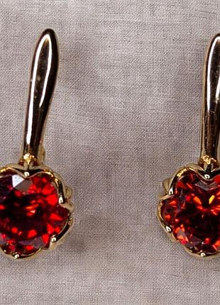 Сережки классические с камнем фианиом xuping, медицинское золото, ксюпинг сережки з червоним камінцем