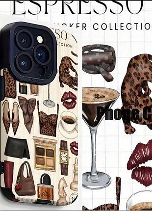 Гарячий тренд! чохол на iphone 14 pro max з леопардовим принтом, макіяжем і кавою