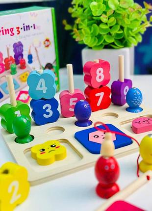 Дитяча навчальна дощечка 3в1 монтессорі з вудочкою та рибалкою на магніті розвиваючий сортер для дітей 3+ років