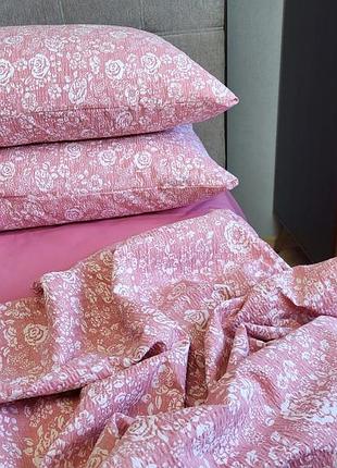 Комплект постільної білизни гофре (жатка) троянда рожева, gofre duo двосп. на розріз.