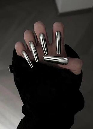 Накладні нігті срібло металік довгі френч із декором френчем