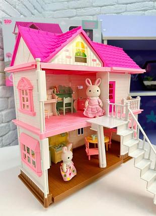 Дитячий ігровий набір із зайчиками будиночок зайчат з меблями та підсвіткою для дітей 3+ рочки