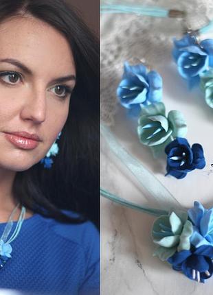 Голубой комплект украшений ручной работы серьги и кулон "воздушная прохлада"