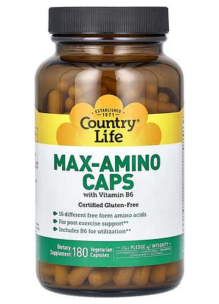 Амінокислоти з вітаміном в6, max-amino, country life, 180 веганських капсул