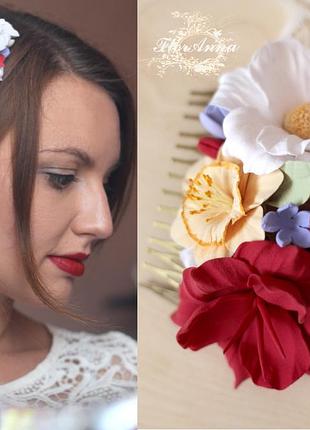 Гребінець у зачіску з квітами "контрастний мікс"