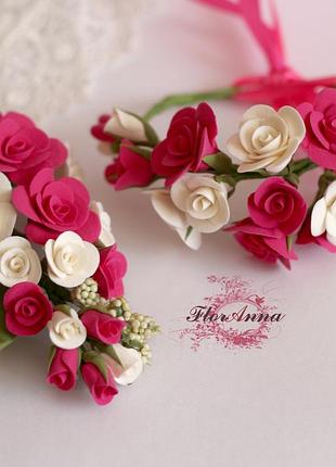 Розово-бежевый свадебный комплект ручной работы "ванильная фуксия" (бутоньерка+браслет/веточка)