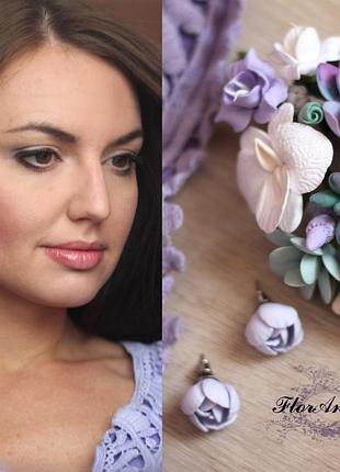 Комплект украшений из полимерной глины "тропическая симфония"(серьги+заколка)