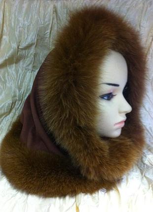 Капор рыжий с двойной опушкой из мехом песца