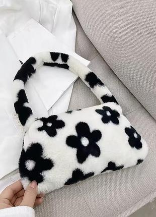 Женская мини сумка хобо меховая "принт" плюшевая через плече,​ wuke цветок