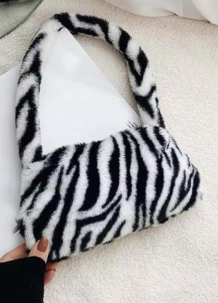 Женская мини сумка хобо меховая "принт" плюшевая через плече,​ wuke зебра