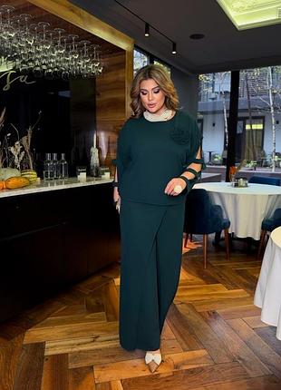 Жіночий класичний нарядний костюм | кофта з квіткою та брюки | 3818