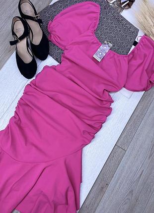 Нова вечірня сукня boohoo m плаття з боковим драпіруванням міді плаття асиметричне святкове плаття з об’ємними рукавами