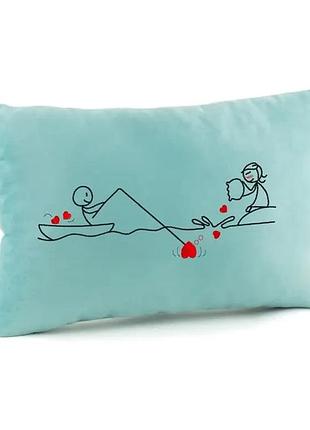 Декоративна подарункова подушка з вишивкою сердечком для закоханих, дівчини, дружини «ріболовля» флок блакитний