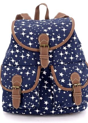 Женский рюкзак городской тканевый стильный молодежный повседневный синий звезды прогулочный с карманами