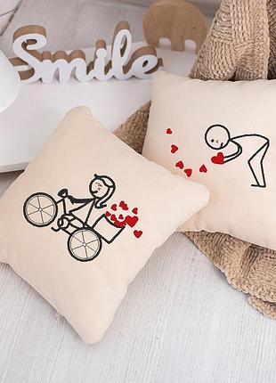 Парные декоративные подушки для влюбленных «велосипед»,набор из 2 подушек флок бежевый