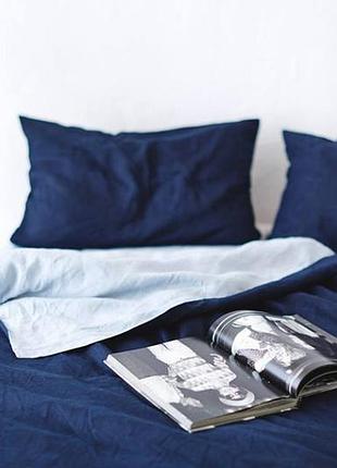 Постельное белье из льна сине-голубой семейный
