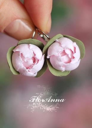 Серьги из полимерной глины "розовые пионы с листиками"