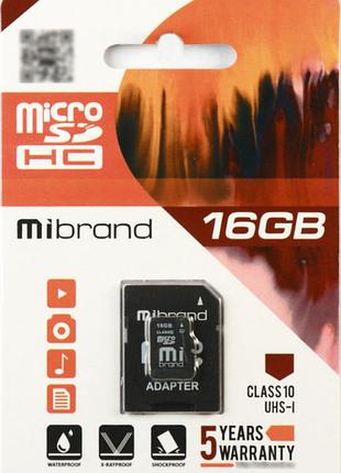 Карта памяти microsdhc mibrand micdhu1/16gb-a 16gb (uhs-1, class 10, adapter sd)