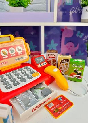 Детский кассовый аппарат со сканером деньгами карточкой корзиной и продуктами игрушечная касса для детей со звуками