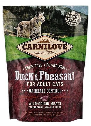Сухий корм carnilove cat hairball control для виведення шерсті у котів, качка та фазан, 400 г