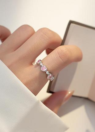 Кольцо серебряное розовое сердце, блестящее широкое колечко, серебро 925 пробы, регулируемый размер 16-18