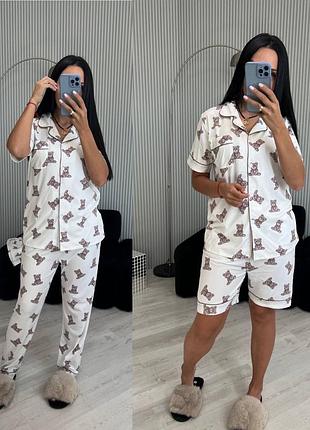 Жіноча піжама трійка | з ведмедиками | сорочка + шорти + штани | 2401