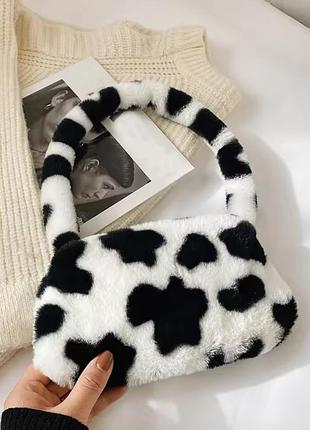 Женская мини сумка хобо меховая "принт" плюшевая через плече,​ wuke корова