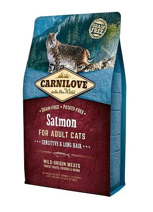 Корм сухий carnilove cat sensitive and long hair для довгошерстих котів з чутливим травленням з лососем 2 кг