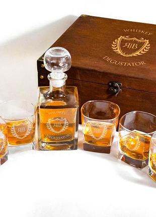 Комплект графин + бокалы для виски на 2-6 персон коробка с гравировкой графін + 6 склянки, дерев'яна скриня