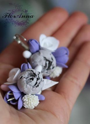 Сиреневые серьги с цветами ручной работы из полимерной глины "лавандовый закат"