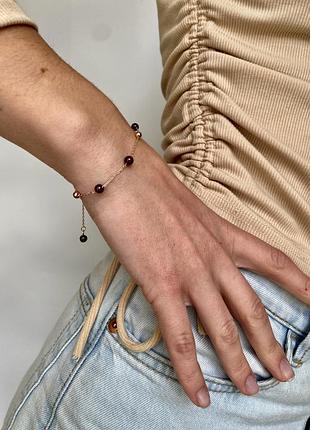 Браслет серебряный с гранатом, браслет из натуральных бусин,родий или позолота,серебро 925 пробы,длина 16+3 см рожева позолота