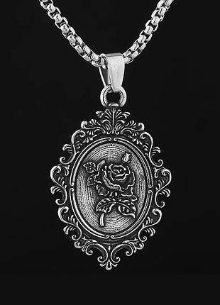 Кулон-дзеркало з трояндою — вінтажна підвіска з нержавіючої сталі з ланцюгом 50–60 см