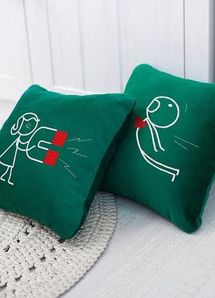 Подушки для влюбленных на 14 февраля декоративные на диван,2 шт.в наборе магнит флок зеленый