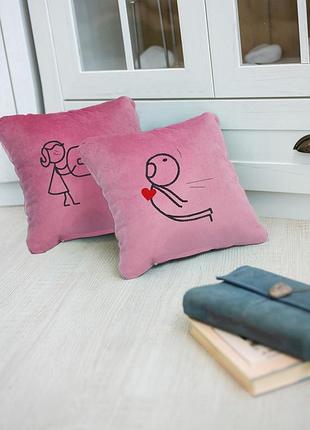 Подушки для влюбленных на 14 февраля декоративные на диван,2 шт.в наборе магнит флок розовый
