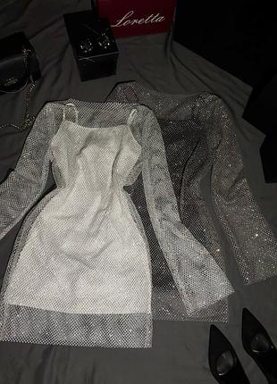 Жіноча сукня коротка 2в1 приталена блискуча молочна, чорно-сіра