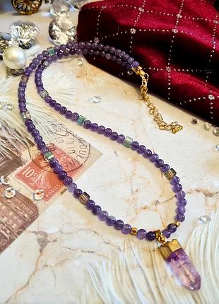 🔺🍇💜 фантастическое колье-ожерелье натуральный камень аметист и хрусталь