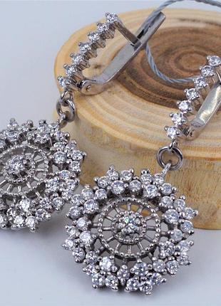 Серьги-подвески серебряные с цирконием "солнце" 925 пробы.