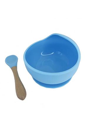 Тарелка на присоске силиконовая с ложкой голубая