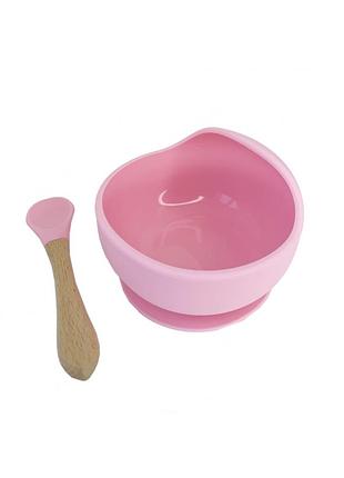 Тарілка на присоску силіконова з ложкою рожева