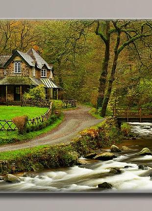 "домик у реки" картина на холсте для интерьера 91, 54