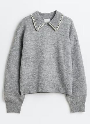 Теплый стильный джемпер свитер с воротничком с жемчужинами h&amp;m