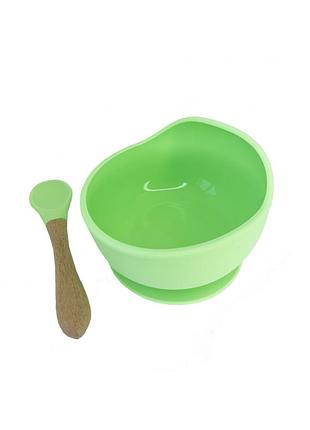 Тарілка на присоску силіконова з ложкою зелена