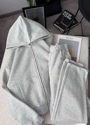 Жіночий спортивний костюм оверсайз теплий двійка на флісі на блискавці з капюшоном 42-46 сірий, беж