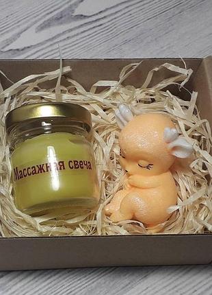 Подарочный набор сувенирного мыла олененок и массажная свеча (на пчелином воске) мыло ручной работы