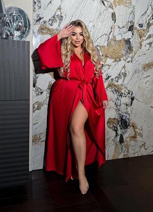 Жіночий червоний шовковий довгий халат | 781