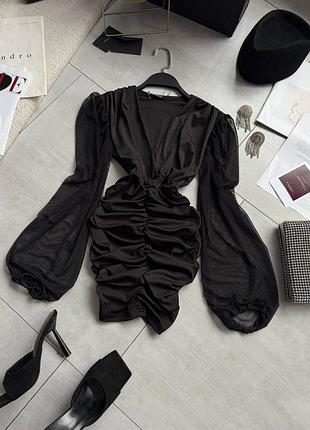 Жіноча повсякденна класична міні коротка сукня плаття з рукавами та вирізом декольте тканина мікродайвінг і стрейч сітка