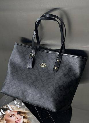 Брендовый женский шопер коуч большой кожаный шопер coach большая женская сумка через плечо черная