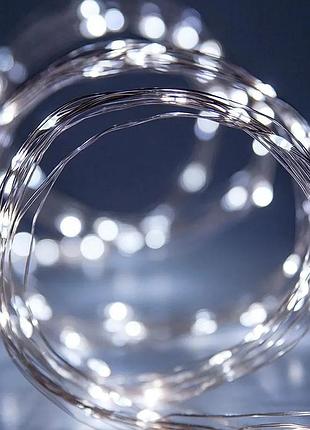 Новогодние гирлянды. медная проволочная лампа 100led 10м, (батарейки) цвет белый силиконовый провод (7108)